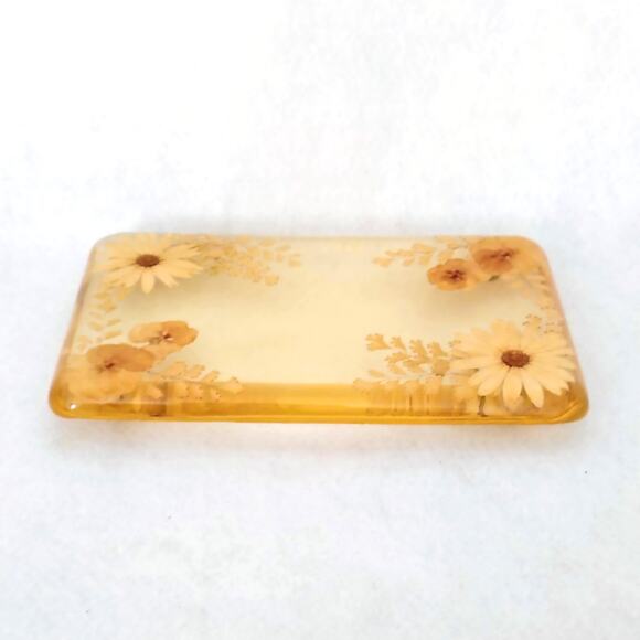 Vintage Yellow Resin Dried Flowers Bathroom Footed Vanity Tray Trinket Display - Picture 2 of 8
